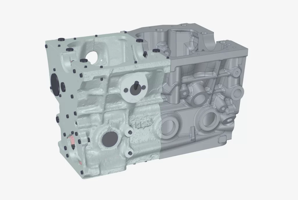 A 3D CAD model of a Mini A+ Engine block. The engine is shown as in both 3D scanned & probed data formats and half as a reverse engineered solid CAD model.