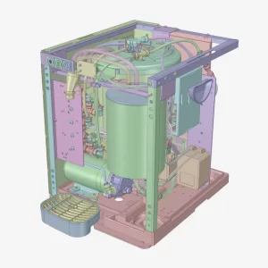 Complete product assembly reverse engineered from 3D scan data into a parametric .STEP CAD model