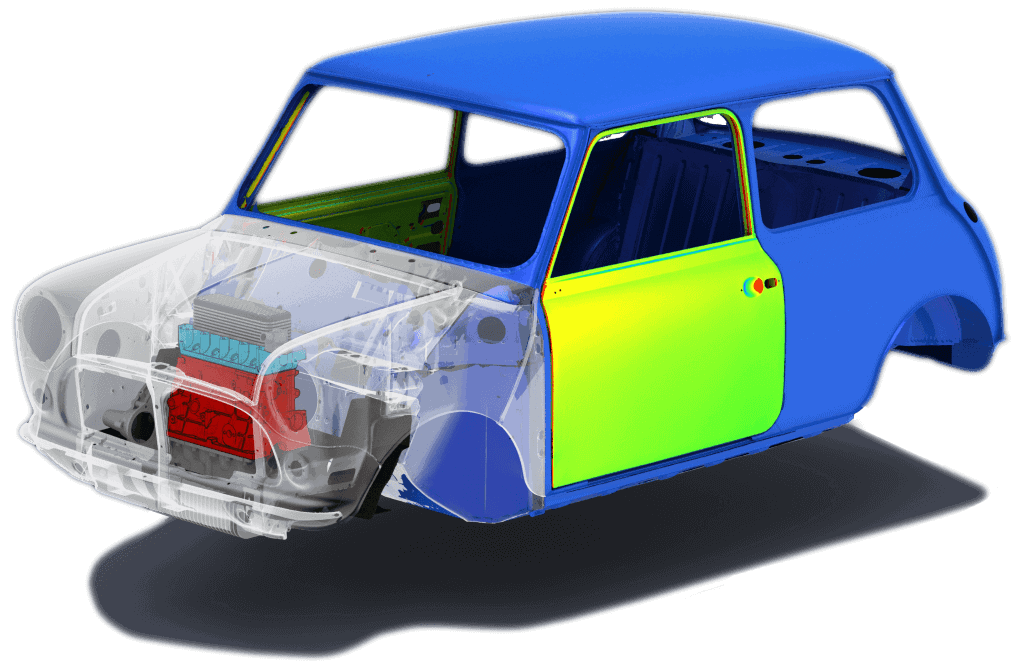 3D scanned CAD model of a classic mini showcasing the RetroSport range of billet aluminium components.