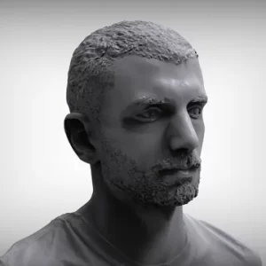 A high definition 3D scan of a human face with hair and beard.